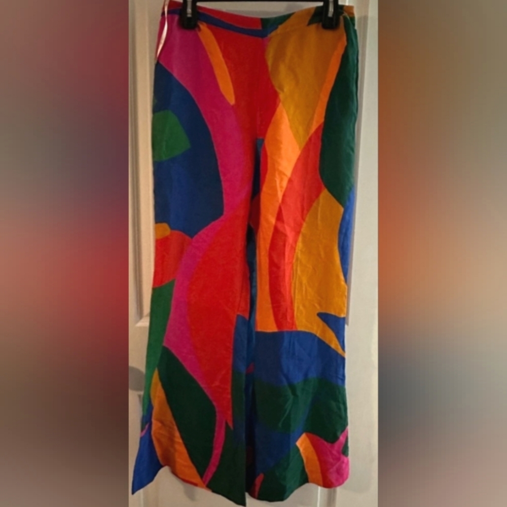 NWT Farm Rio Colorful Abstract Art Leaves Flared Viscose Pants Anthropologie - Picture 2 of 9